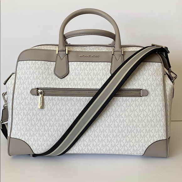 gray and white michael kors purse